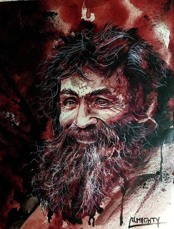 Ryan Almighty Art Print featuring the painting CHARLES MANSON portrait fresh blood #3 by Ryan Almighty