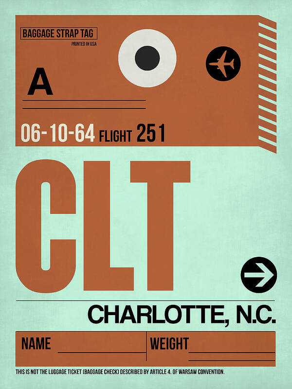 Vacation Art Print featuring the digital art CLT Charlotte Luggage Tag I by Naxart Studio
