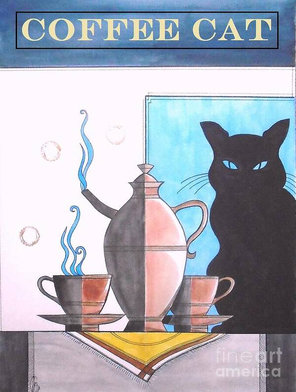 Coffee Art Print featuring the painting Coffee Cat by John Lyes