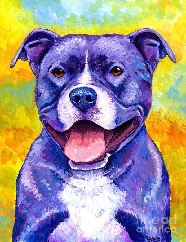 Pitbull Art Print featuring the painting Peppy Purple Pitbull Terrier Dog by Rebecca Wang