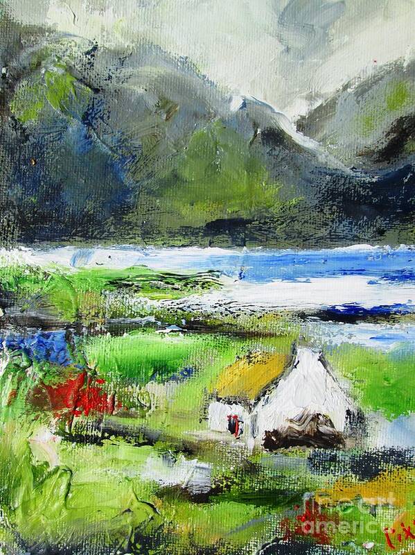 Connemara Art Print featuring the painting Painting of connemara cottage by the lake by Mary Cahalan Lee - aka PIXI