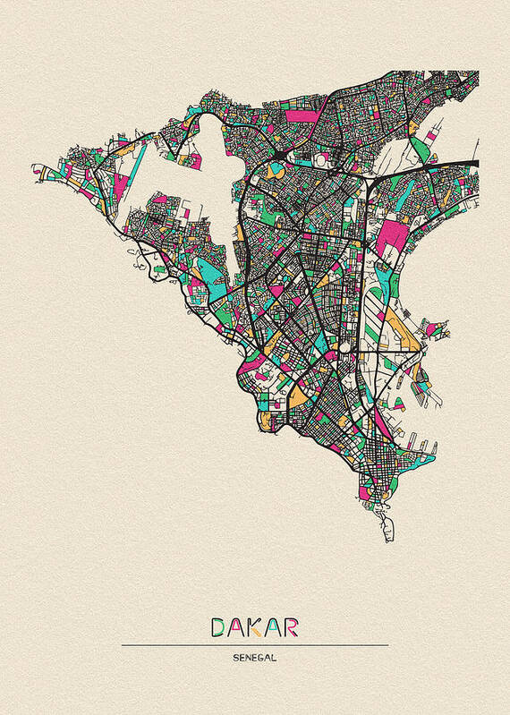 Dakar Art Print featuring the drawing Dakar, Senegal City Map by Inspirowl Design