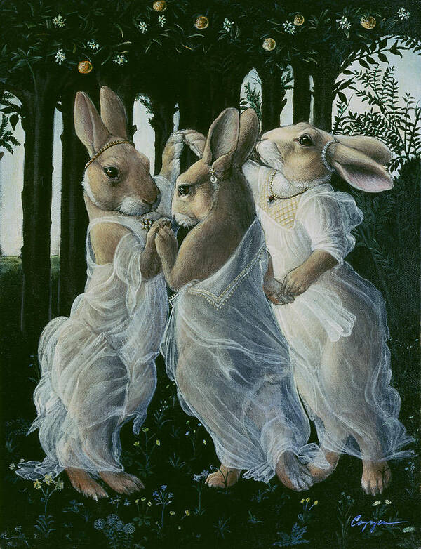 Bunnies Art Print featuring the painting Dancing Graces by Melinda Copper