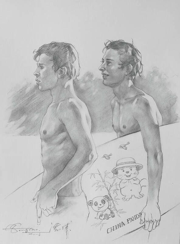 Drawing Art Print featuring the drawing Drawing- Men in seaside#19910 by Hongtao Huang