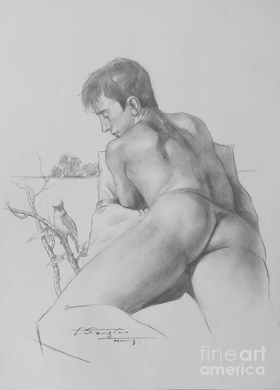 Male Nude Art Print featuring the drawing Drawing-The bird is singing by Hongtao Huang