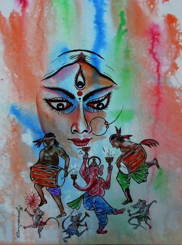 Goddess Durga Art Print featuring the painting Devi Durga -3 by Tamal Sen Sharma