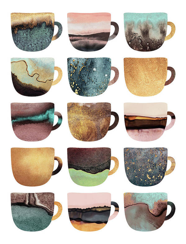 Coffee Art Print featuring the digital art Earthy Coffee Cups by Elisabeth Fredriksson
