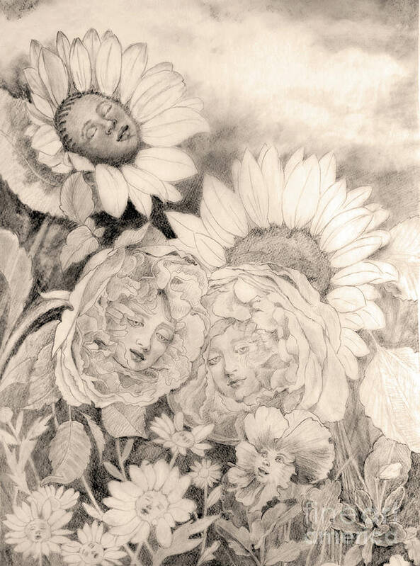 English Garden Art Print featuring the drawing English Roses African Sunflower by Kathryn Donatelli