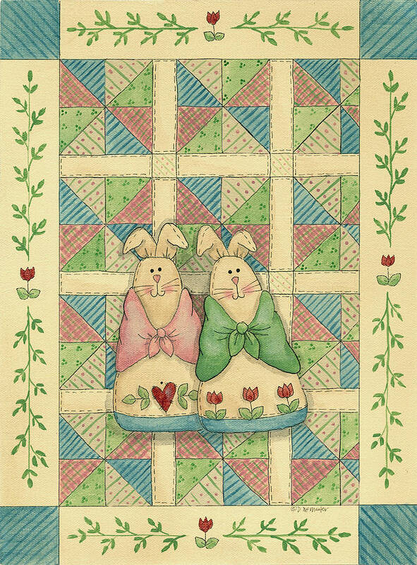 Fabric Bunnies With Quilted Background Art Print featuring the painting Fabric Bunnies With Quilt - B by Debbie Mcmaster