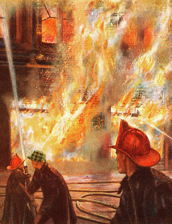 Accident Art Print featuring the drawing Firefighters Fighting Building Fire by CSA Images