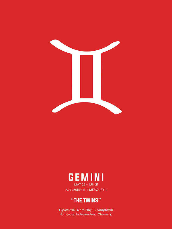 Gemini Art Print featuring the mixed media Gemini Print - Zodiac Signs Print - Zodiac Posters - Gemini Poster - Red and White - Gemini Traits by Studio Grafiikka