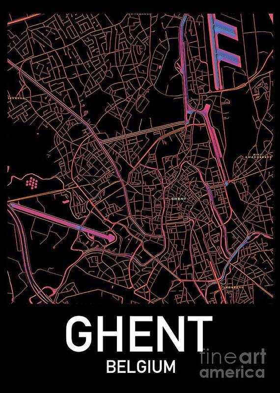 Ghent Art Print featuring the digital art Ghent City Map by HELGE Art Gallery