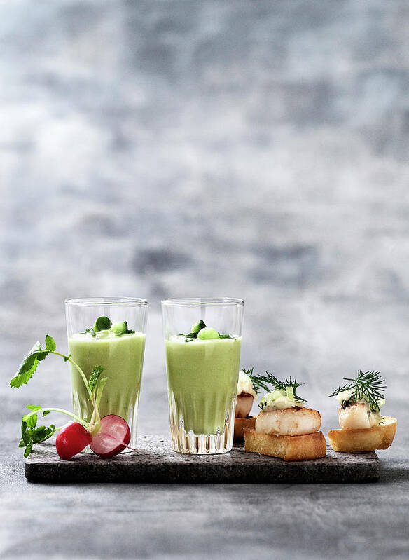 Close-up Art Print featuring the photograph Glass Of Pea Soup And Scallop Canapes by Line Klein