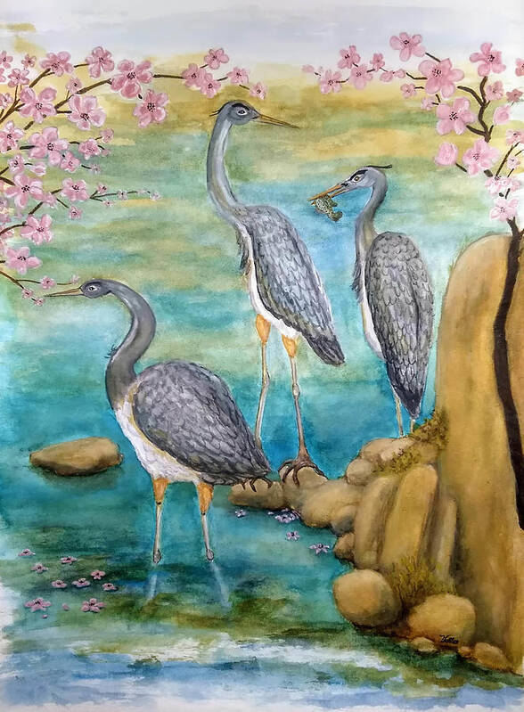 Wildlife Art Print featuring the painting Herons in the Cherry Blossoms by Vallee Johnson