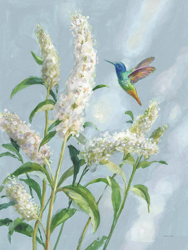 Animals Art Print featuring the painting Hummingbird Spring II Soft Blue by Danhui Nai