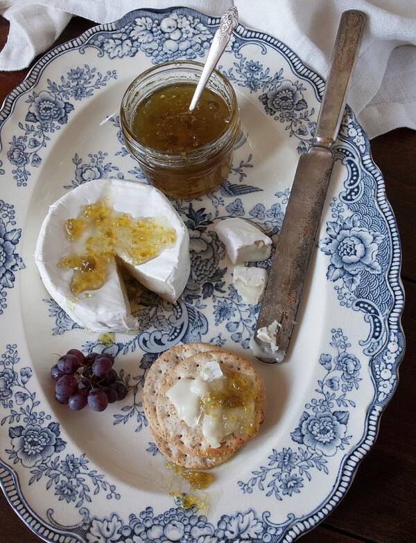 Ip_12263451 Art Print featuring the photograph Jalapeno Jelly, Brie, Crackers And Grapes by Katharine Pollak