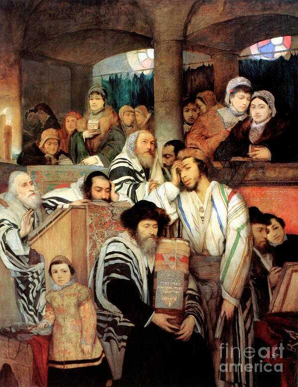 Oil Painting Art Print featuring the drawing Jews Praying In The Synagogue On Yom by Heritage Images