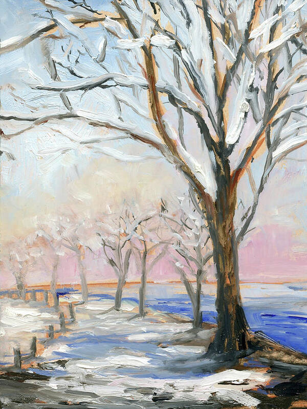 Landscapes Seascapes Art Print featuring the painting Lakeside In Winter by Sandra Iafrate