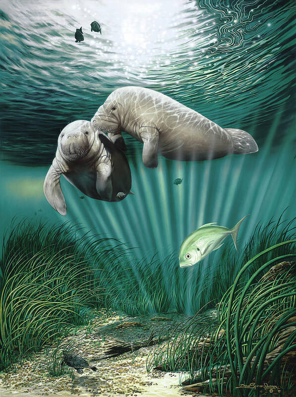 Manatees And Tropical Fish Under Water Art Print featuring the painting Lazy Day Romance by Dann Spider Warren