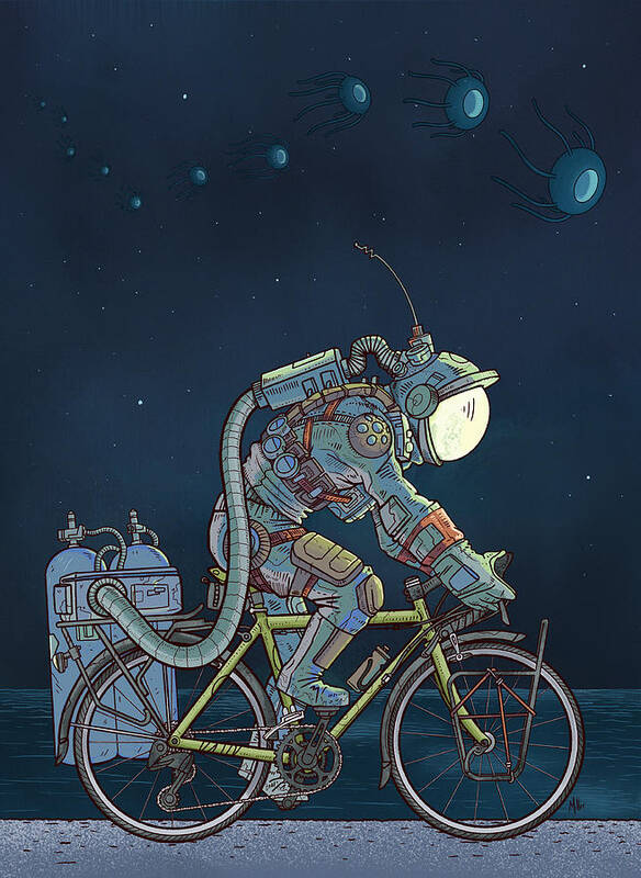 Digitalart Space Scifi Alien Bikes Cycling Spacesuit Scifiart Art Print featuring the digital art LFT, -260 Degrees by EvanArt - Evan Miller