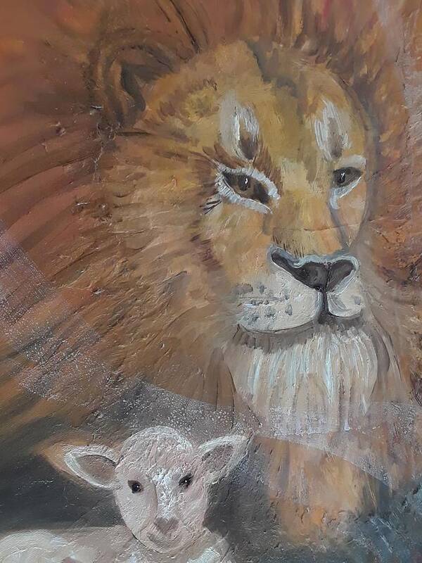 Lion And The Lamb Acrylic On Canvas Art Print featuring the painting Lion And The Lamb by Shirley Offill