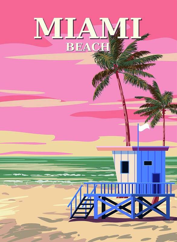 Cities Art Print featuring the digital art Miami Beach Retro Poster . Lifeguard by Valerii Khadeiev