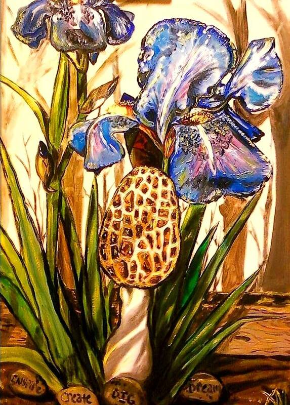 Morel Art Print featuring the painting Morel in the Iris Bed by Alexandria Weaselwise Busen