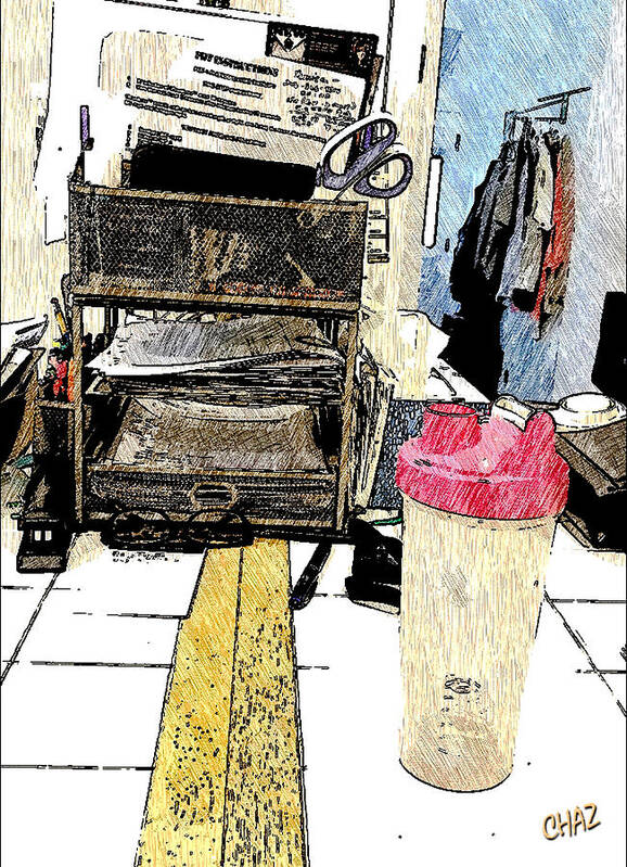 Pencil Sketch Art Print featuring the drawing My Messy Desk by CHAZ Daugherty