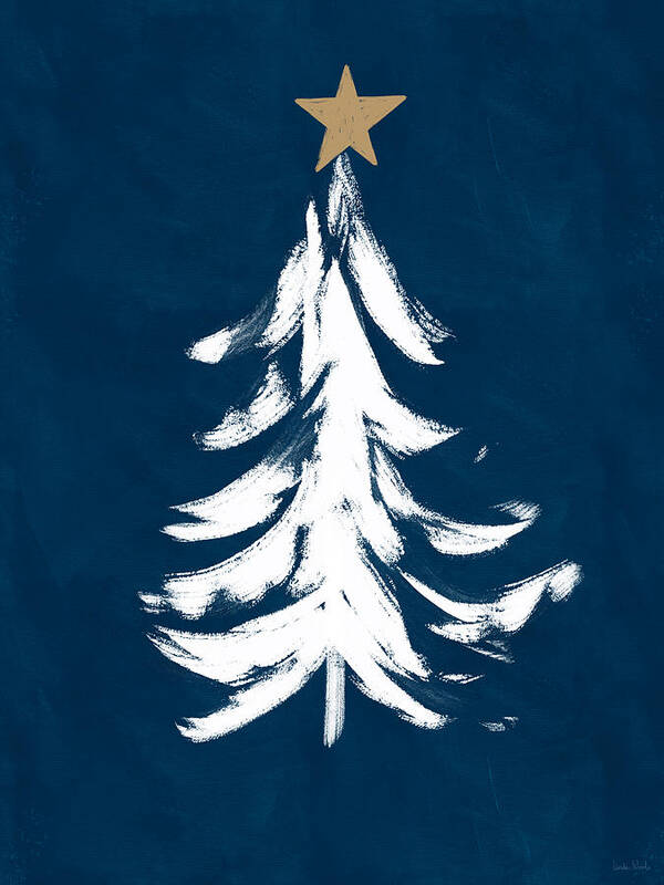 Christmas Art Print featuring the mixed media Navy and White Christmas Tree 1- Art by Linda Woods by Linda Woods