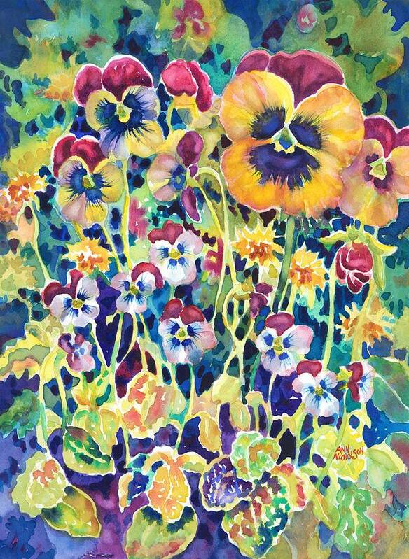Floral Watercolor Art Print featuring the painting Pansies and Violas by Ann Nicholson