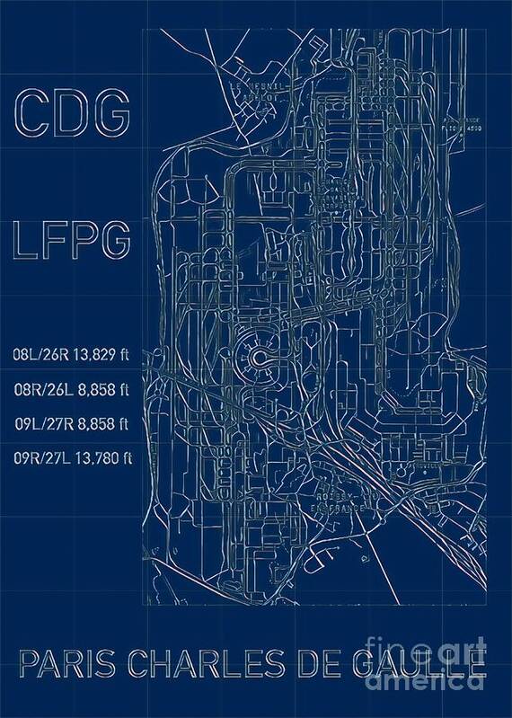 Cdg Art Print featuring the digital art Paris CDG Airport Blueprint by HELGE Art Gallery