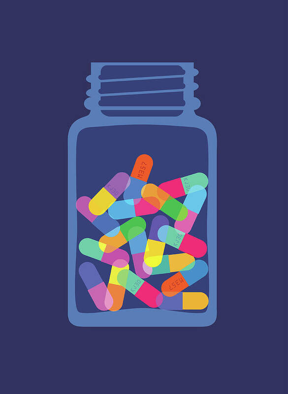 Sugar Art Print featuring the digital art Pills And Capsules In Bottle by Smartboy10