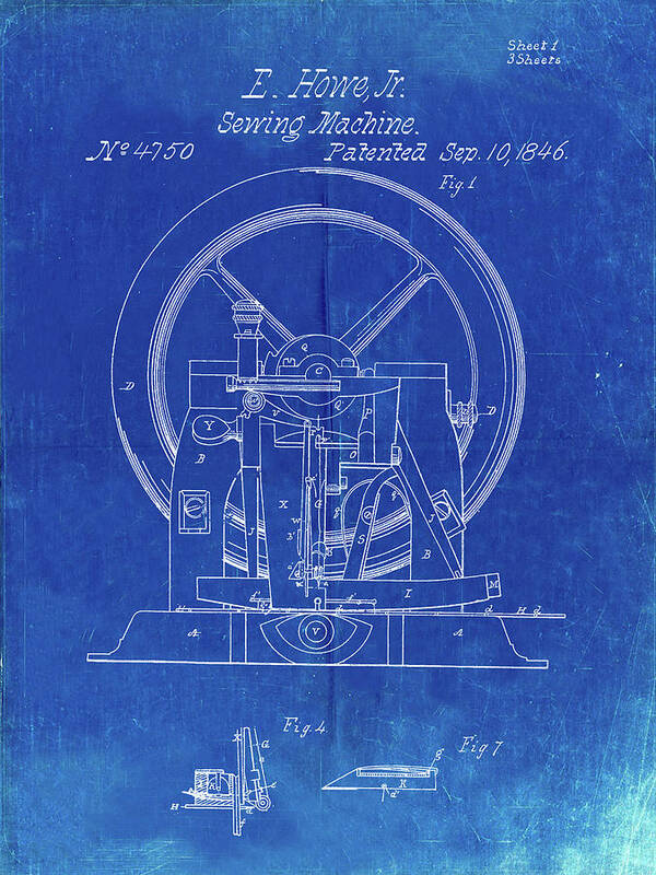 Pp1035-faded Blueprint Singer Sewing Machine Patent Poster Art Print featuring the digital art Pp1035-faded Blueprint Singer Sewing Machine Patent Poster by Cole Borders