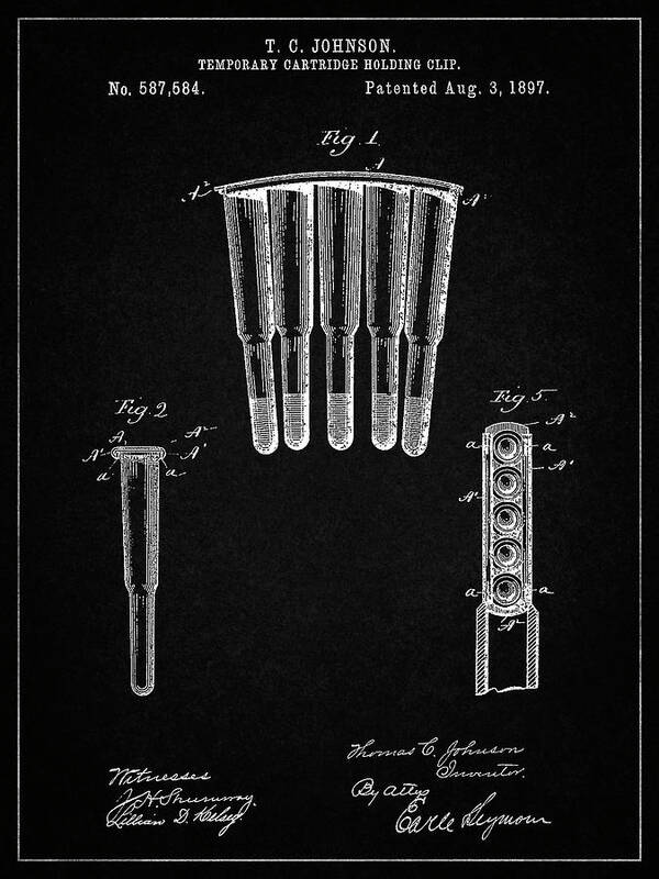 Pp1089-vintage Black Temporary Cartridge Holding Clip 1897 Patent Poster Art Print featuring the digital art Pp1089-vintage Black Temporary Cartridge Holding Clip 1897 Patent Poster by Cole Borders