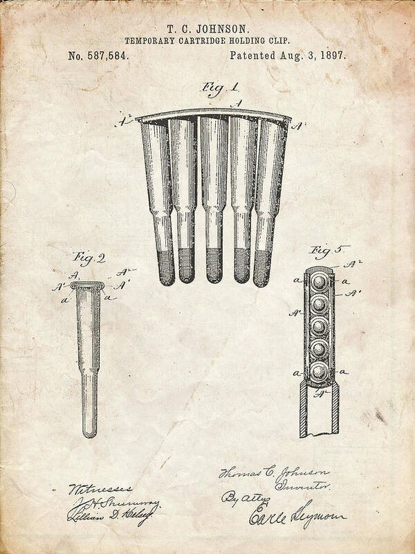 Pp1089-vintage Parchment Temporary Cartridge Holding Clip 1897 Patent Poster Art Print featuring the photograph Pp1089-vintage Parchment Temporary Cartridge Holding Clip 1897 Patent Poster by Cole Borders