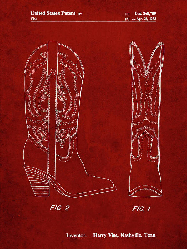 Pp1098-burgundy Texas Boot Company 1983 Cowboy Boots Patent Poster Art Print featuring the digital art Pp1098-burgundy Texas Boot Company 1983 Cowboy Boots Patent Poster by Cole Borders