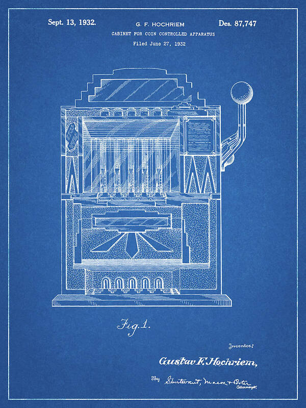Pp1125-blueprint Vintage Slot Machine 1932 Patent Poster Art Print featuring the digital art Pp1125-blueprint Vintage Slot Machine 1932 Patent Poster by Cole Borders