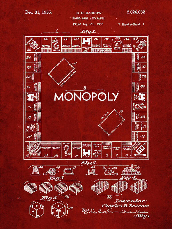 Pp131- Burgundy Monopoly Patent Poster Art Print featuring the digital art Pp131- Burgundy Monopoly Patent Poster by Cole Borders