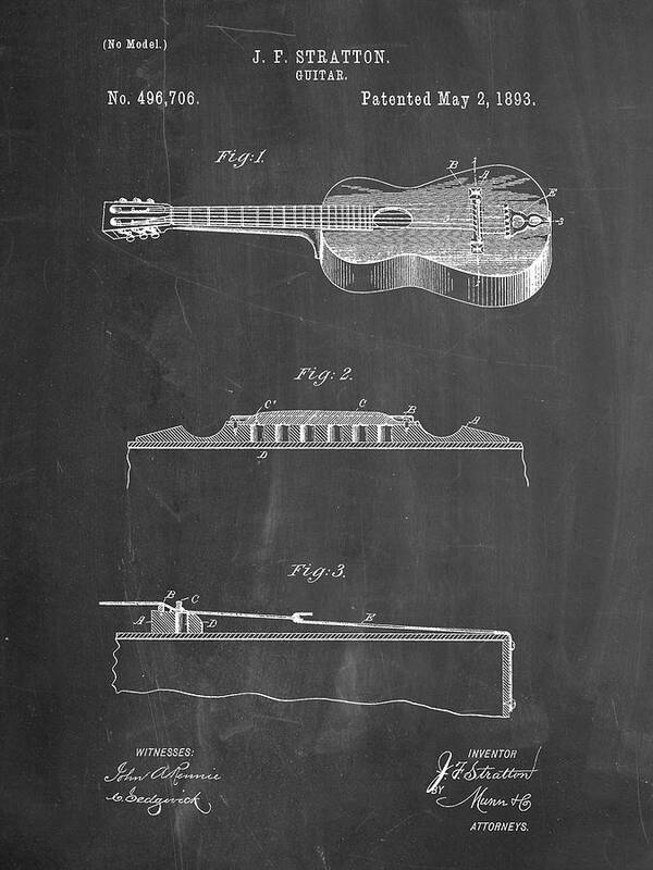 Pp139- Chalkboard Stratton & Son Acoustic Guitar Patent Poster Art Print featuring the digital art Pp139- Chalkboard Stratton & Son Acoustic Guitar Patent Poster by Cole Borders