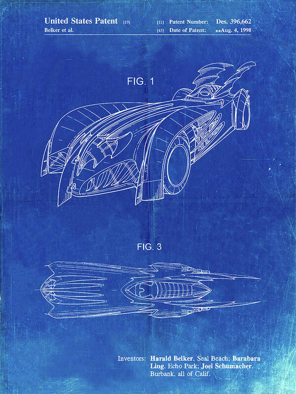 Pp16-faded Blueprint Batman And Robin Batmobile Patent Poster Art Print featuring the digital art Pp16-faded Blueprint Batman And Robin Batmobile Patent Poster by Cole Borders