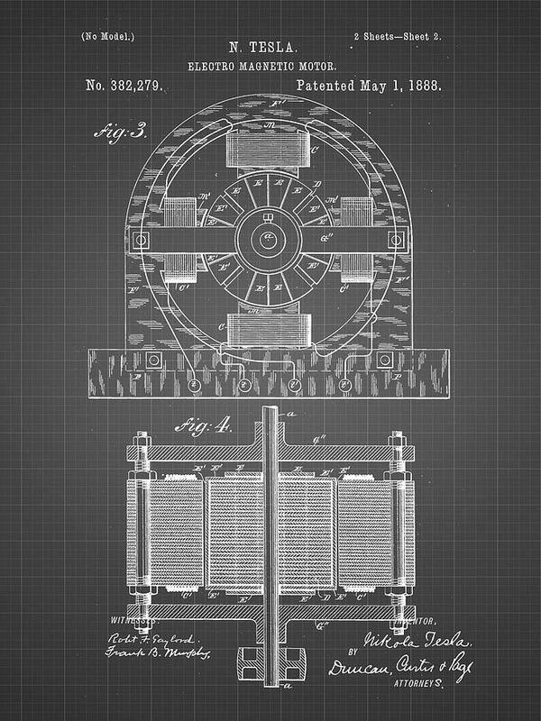 Pp173- Black Grid Tesla Electro Motor Patent Poster Art Print featuring the digital art Pp173- Black Grid Tesla Electro Motor Patent Poster by Cole Borders