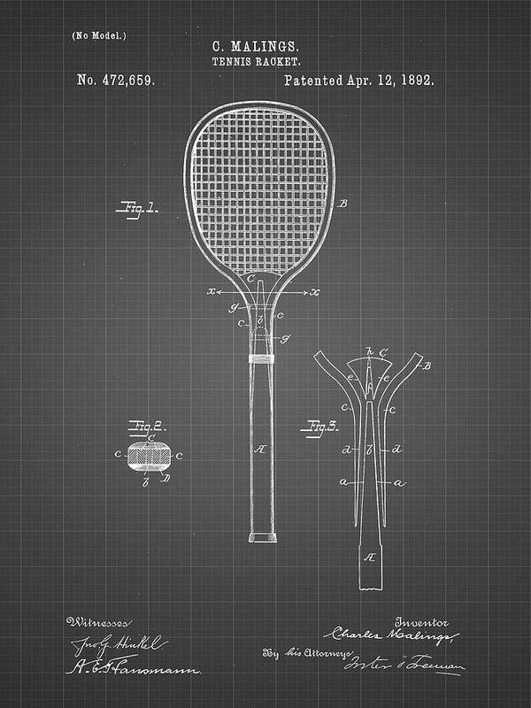 Pp183- Black Grid Tennis Racket 1892 Patent Poster Art Print featuring the digital art Pp183- Black Grid Tennis Racket 1892 Patent Poster by Cole Borders