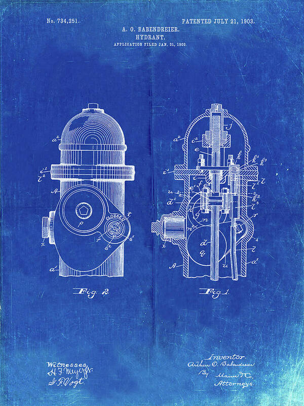 Pp210-faded Blueprint Fire Hydrant 1903 Patent Poster Art Print featuring the digital art Pp210-faded Blueprint Fire Hydrant 1903 Patent Poster by Cole Borders