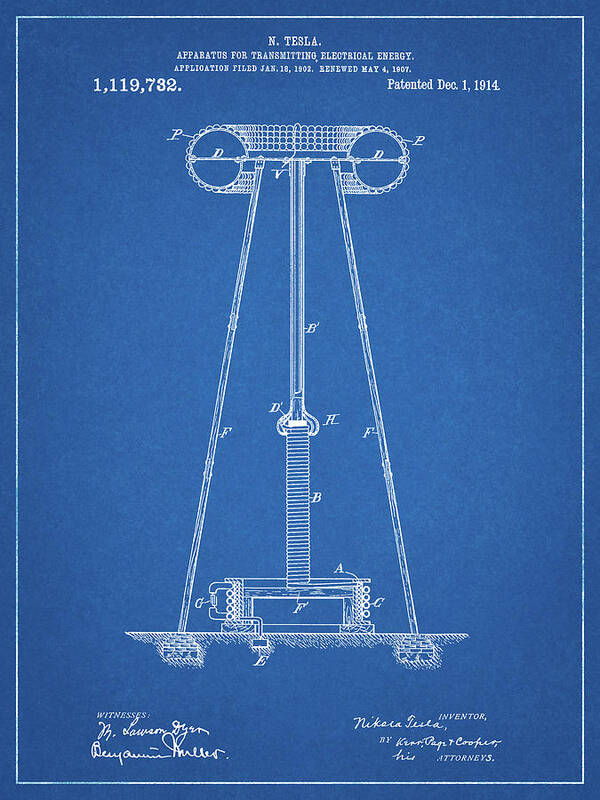 Pp241-blueprint Tesla Energy Transmitter Patent Poster Art Print featuring the digital art Pp241-blueprint Tesla Energy Transmitter Patent Poster by Cole Borders