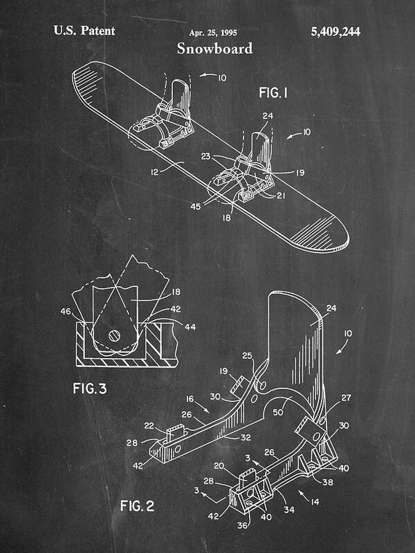 Pp246-chalkboard Burton Baseless Binding 1995 Snowboard Patent Poster Art Print featuring the digital art Pp246-chalkboard Burton Baseless Binding 1995 Snowboard Patent Poster by Cole Borders