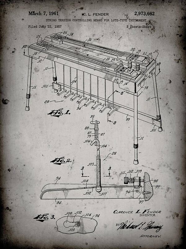 Pp281-faded Grey Fender Pedal Steel Guitar Patent Poster Art Print featuring the digital art Pp281-faded Grey Fender Pedal Steel Guitar Patent Poster by Cole Borders