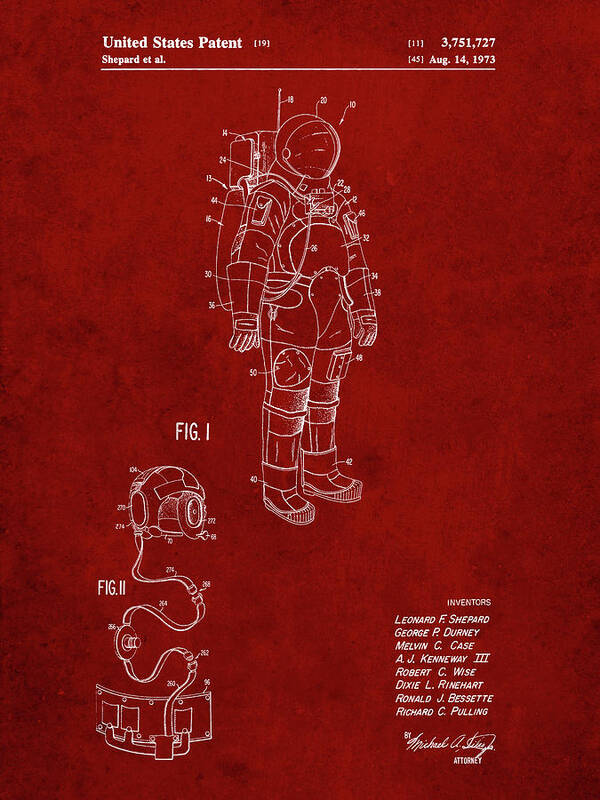 Pp309-burgundy Apollo Space Suit Patent Poster Art Print featuring the digital art Pp309-burgundy Apollo Space Suit Patent Poster by Cole Borders