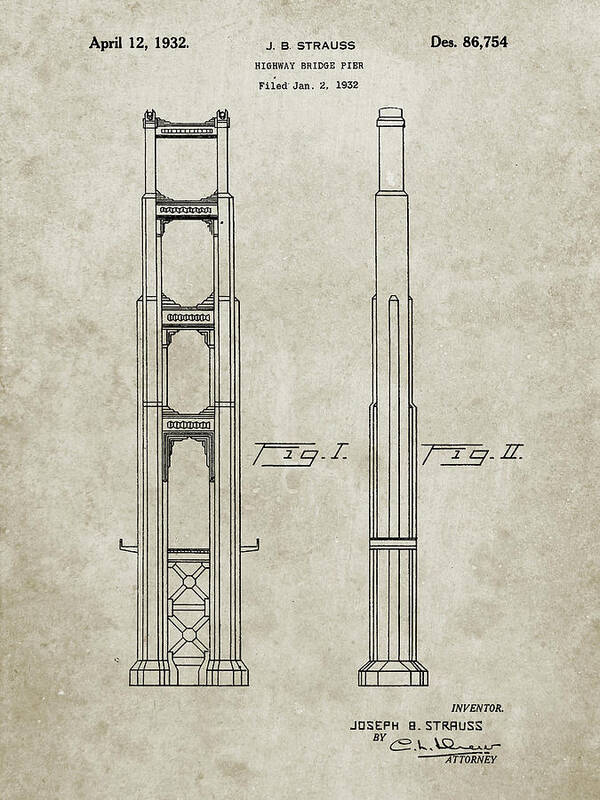 Pp321-sandstone Golden Gate Bridge Main Tower Patent Poster Art Print featuring the digital art Pp321-sandstone Golden Gate Bridge Main Tower Patent Poster by Cole Borders