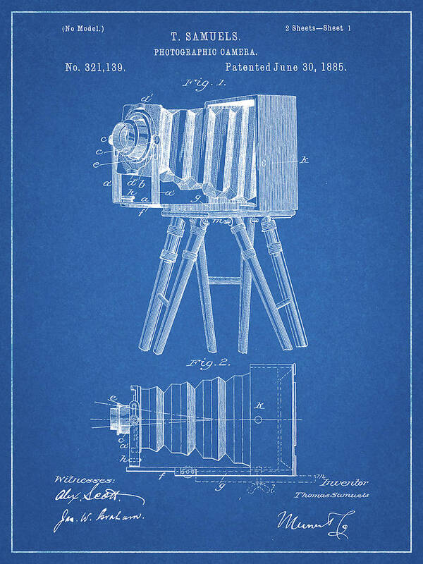 Pp33-blueprint Iconic Photographic Camera 1885 Patent Poster Art Print featuring the photograph Pp33-blueprint Iconic Photographic Camera 1885 Patent Poster by Cole Borders