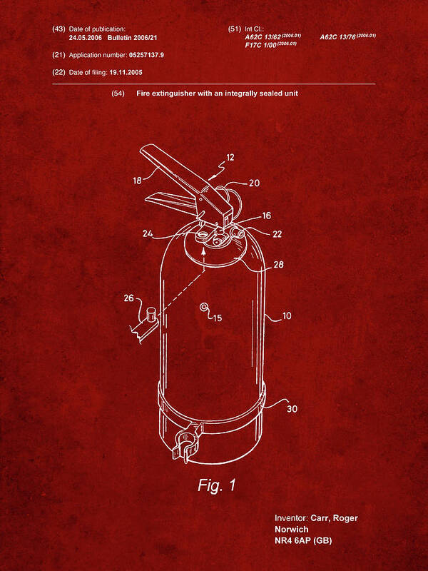 Pp396-burgundy Modern Fire Extinguisher Patent Poster Art Print featuring the digital art Pp396-burgundy Modern Fire Extinguisher Patent Poster by Cole Borders